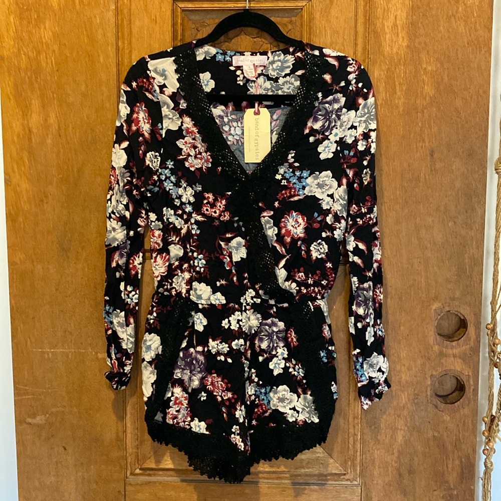 Band of Gypie short romper floral crochet lace trim black pink long sleeve SMALL